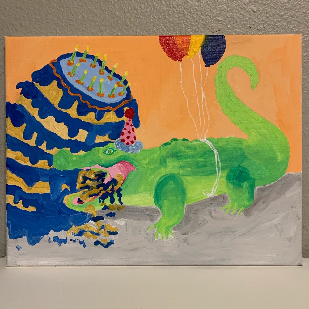 Alligator Eating Cake Acrylic Painting